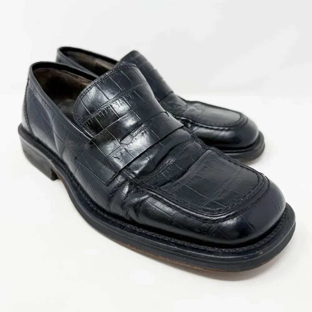 Vintage 90s Kenneth Cole Black Leather Croc Embossed Loafers 8.5 Made in Italy